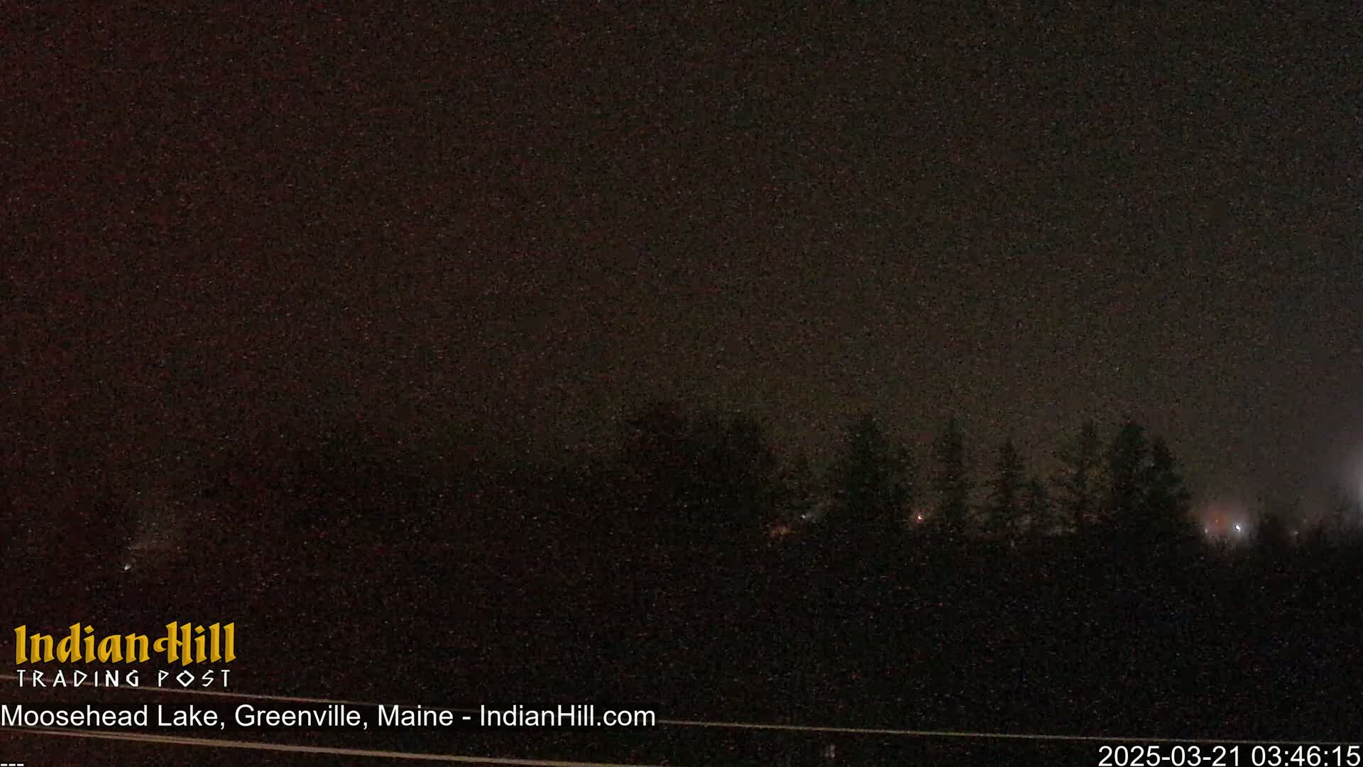 A dark, nighttime scene shows a line of trees silhouetted against a mostly clear, dark sky.