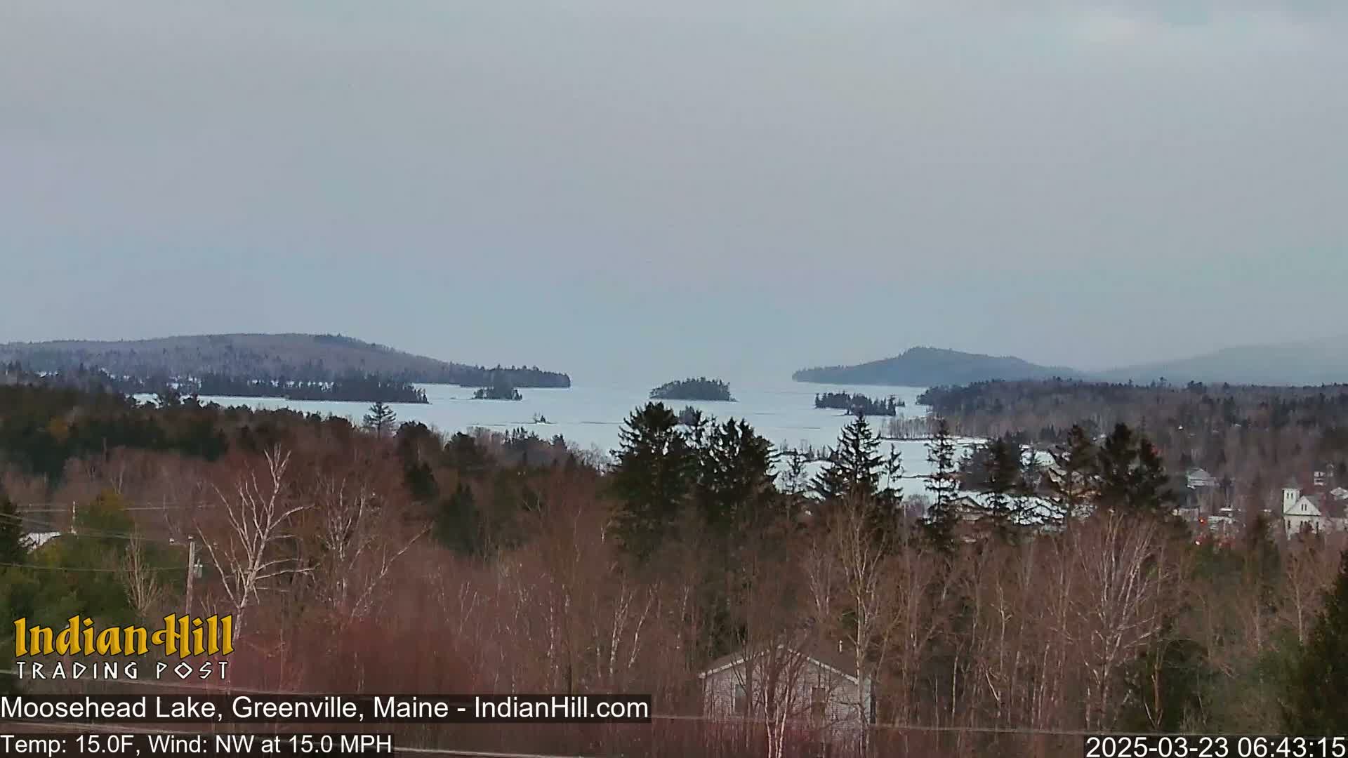 A partly frozen lake stretches to the horizon, surrounded by snow-dusted trees and distant mountains under a cloudy sky.