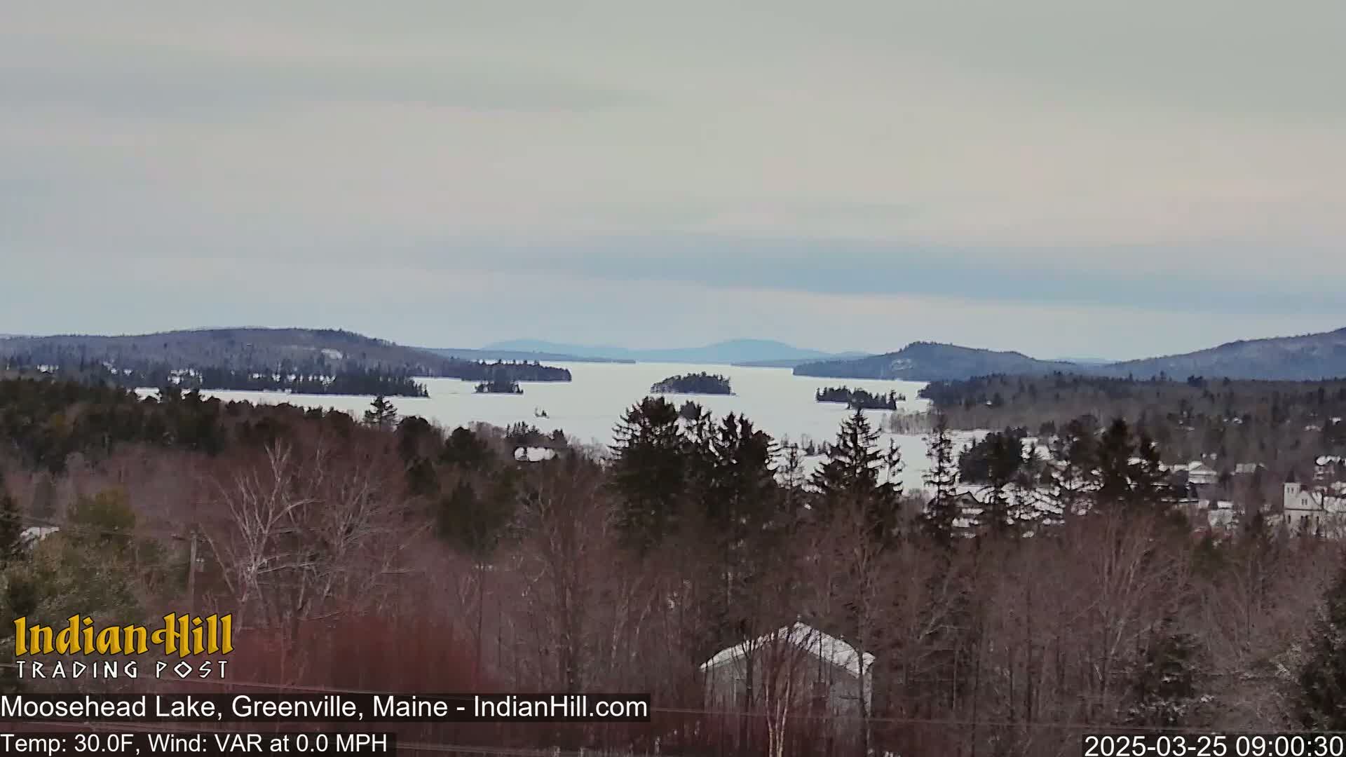 A snow-covered lake with several islands is visible from a snowy, wooded hillside under an overcast sky.