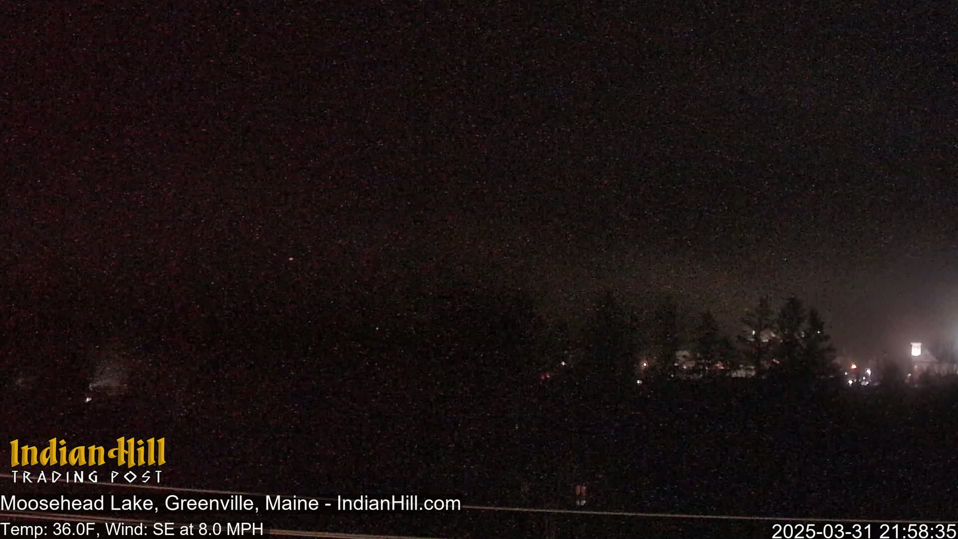 A nighttime scene of a dimly lit landscape under a dark, possibly snowy sky.