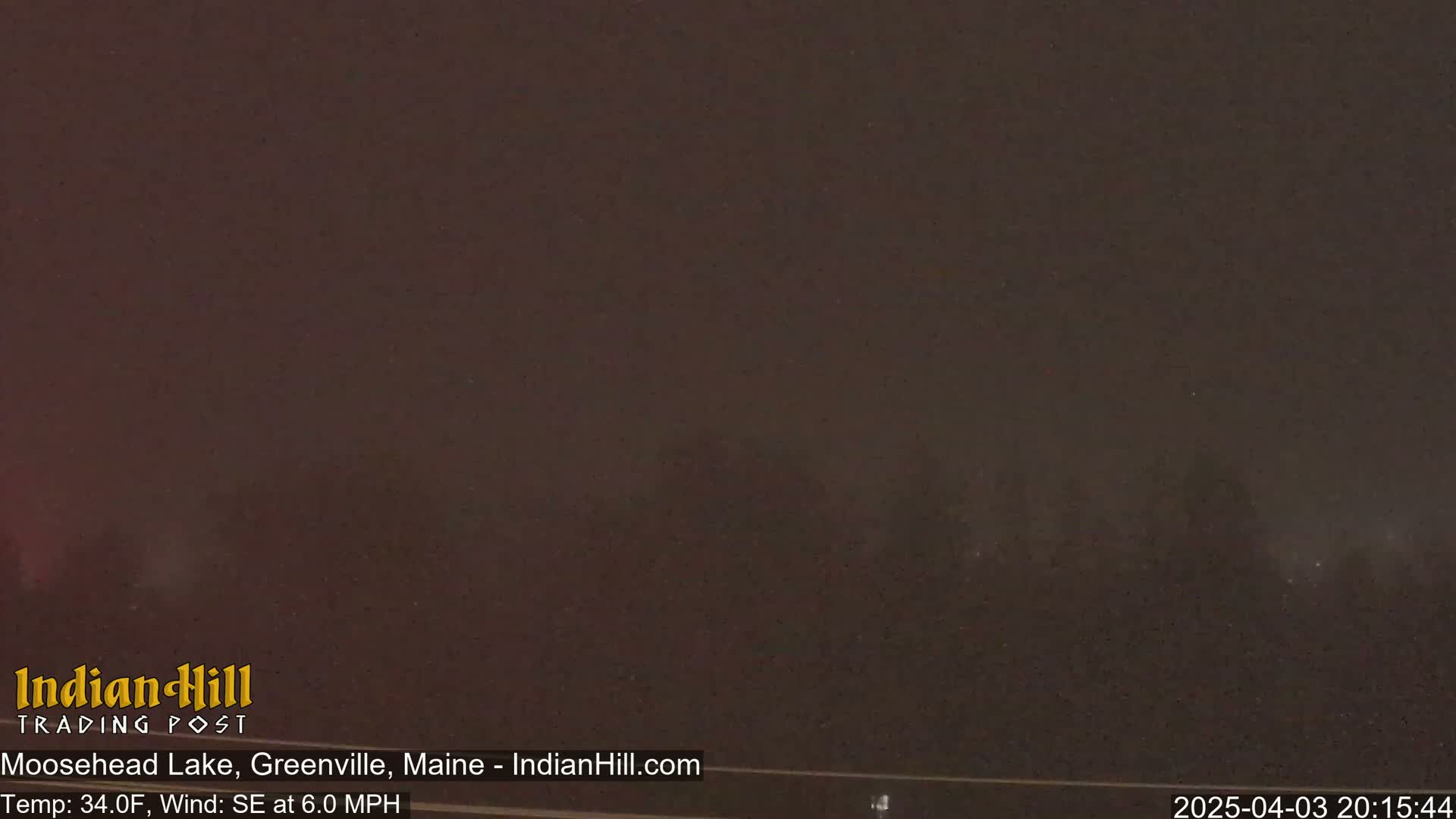 A dark, nighttime scene shows a line of trees in the distance under a hazy, dark sky.