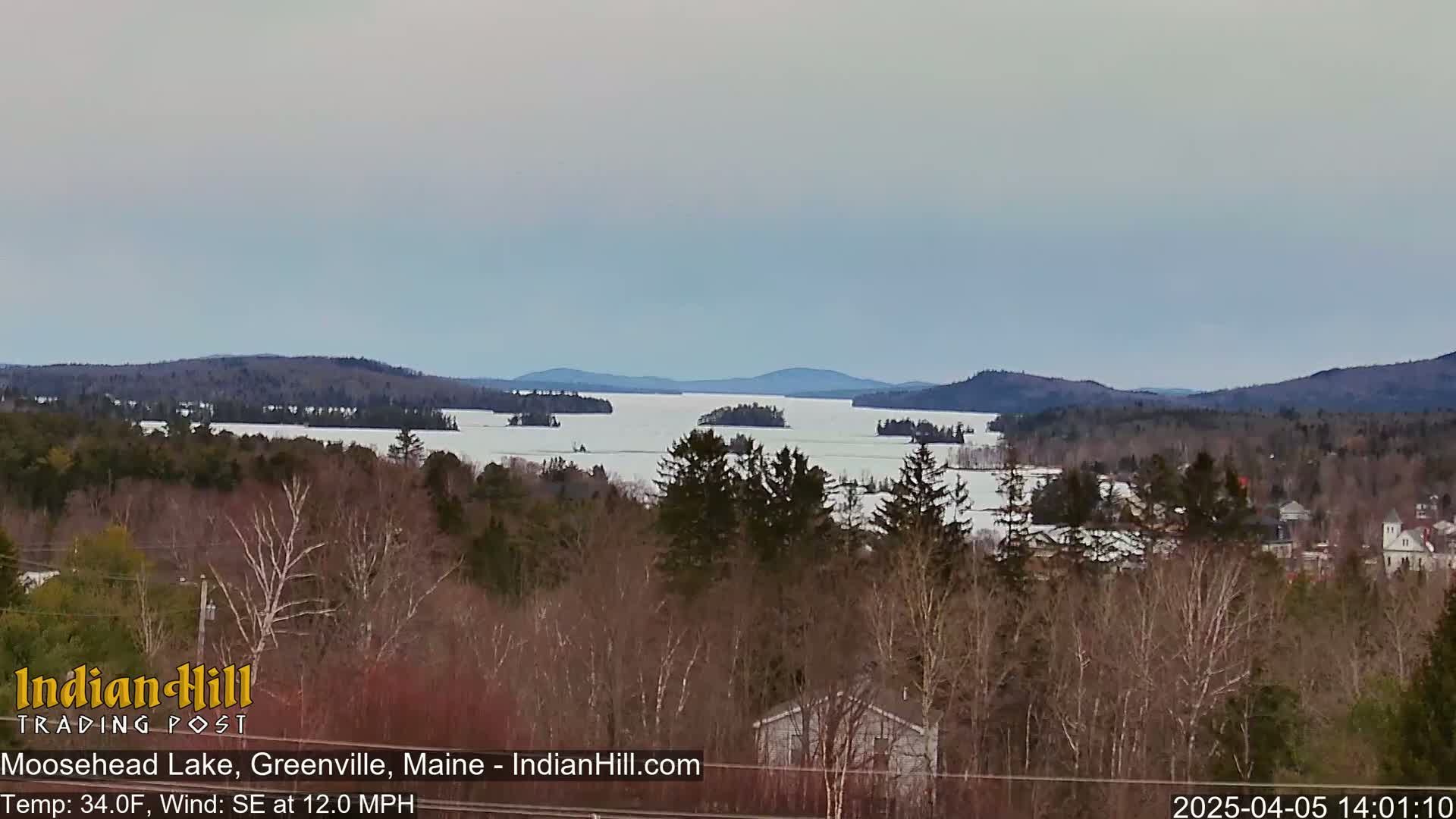 A partially frozen lake is seen from a wooded hillside under a cloudy sky.