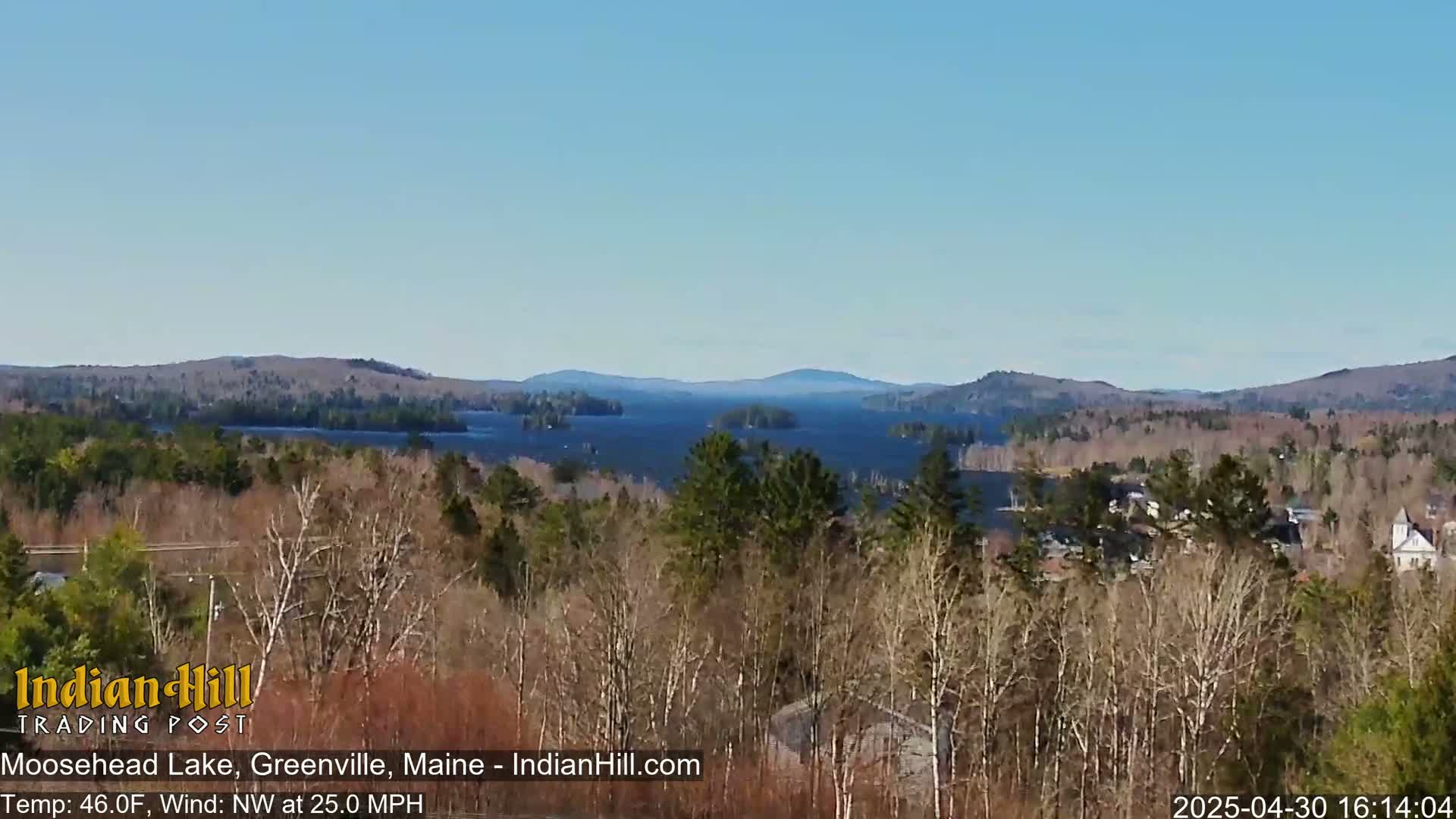 A panoramic view shows a large lake surrounded by trees and mountains under a clear blue sky, with a 25 mph northwest wind.