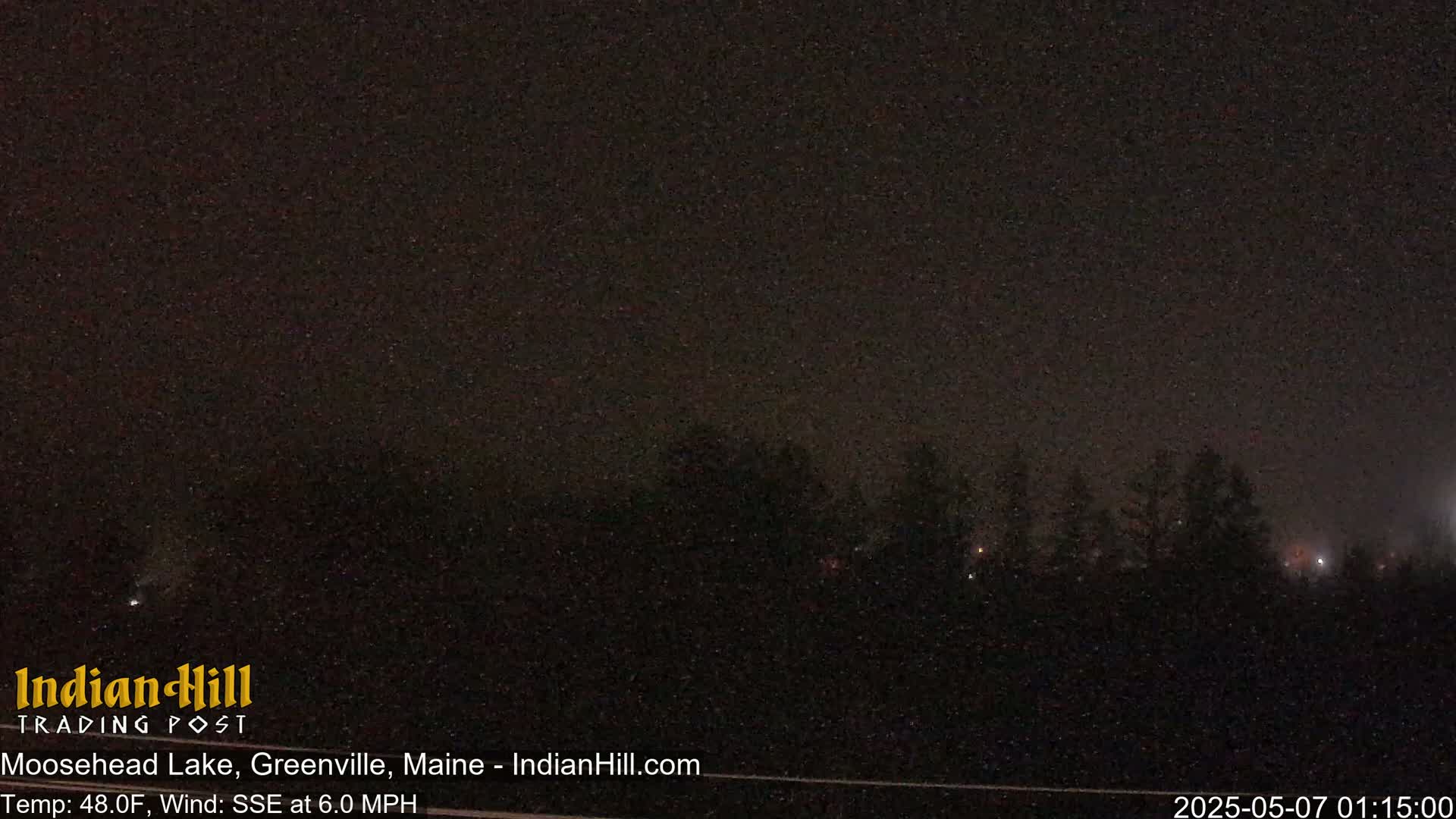 A dark, nighttime scene shows a line of trees under a mostly clear sky with a slight wind.