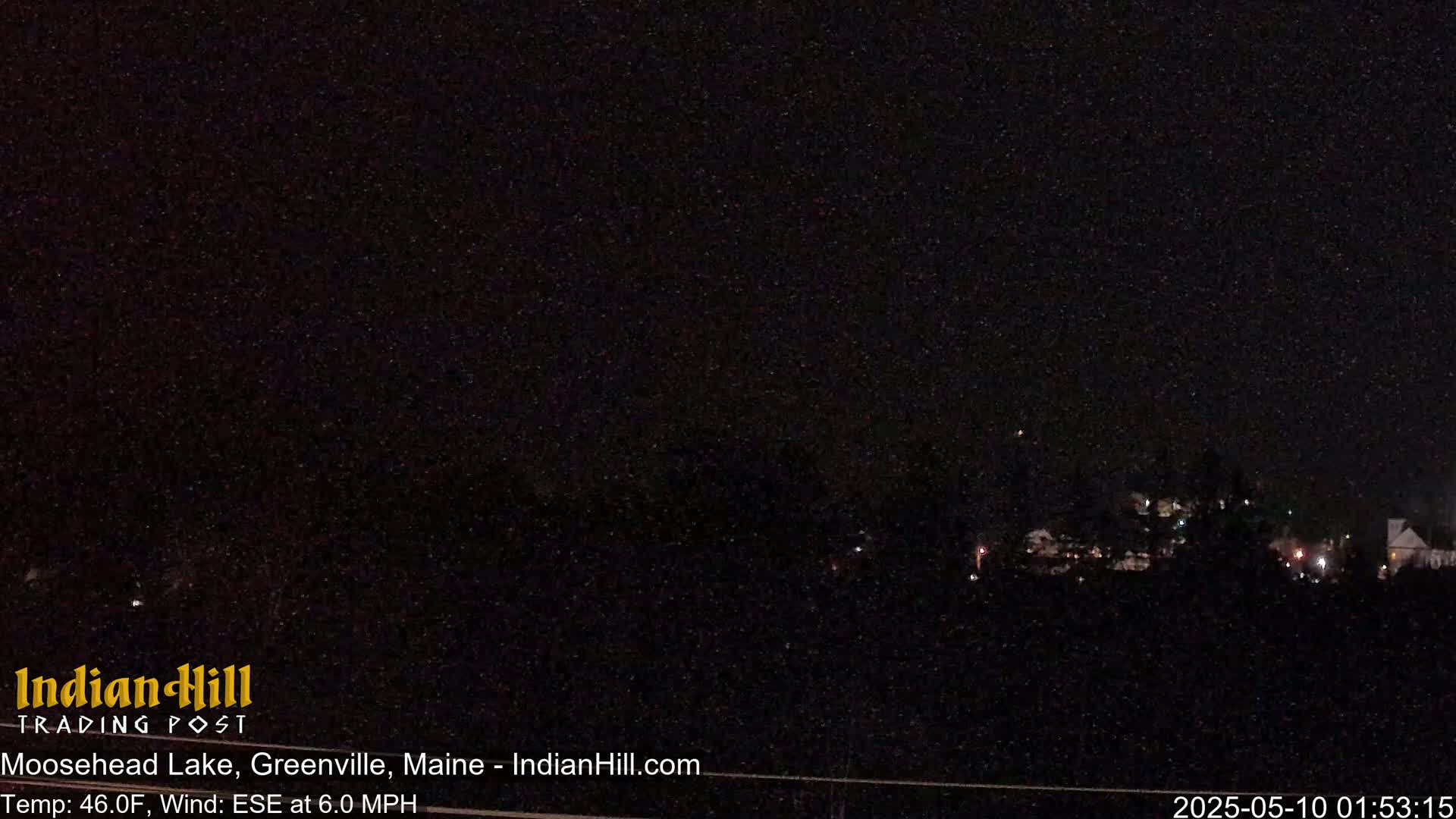 A dark, nighttime scene shows faintly lit buildings in the distance under a clear, star-filled sky.