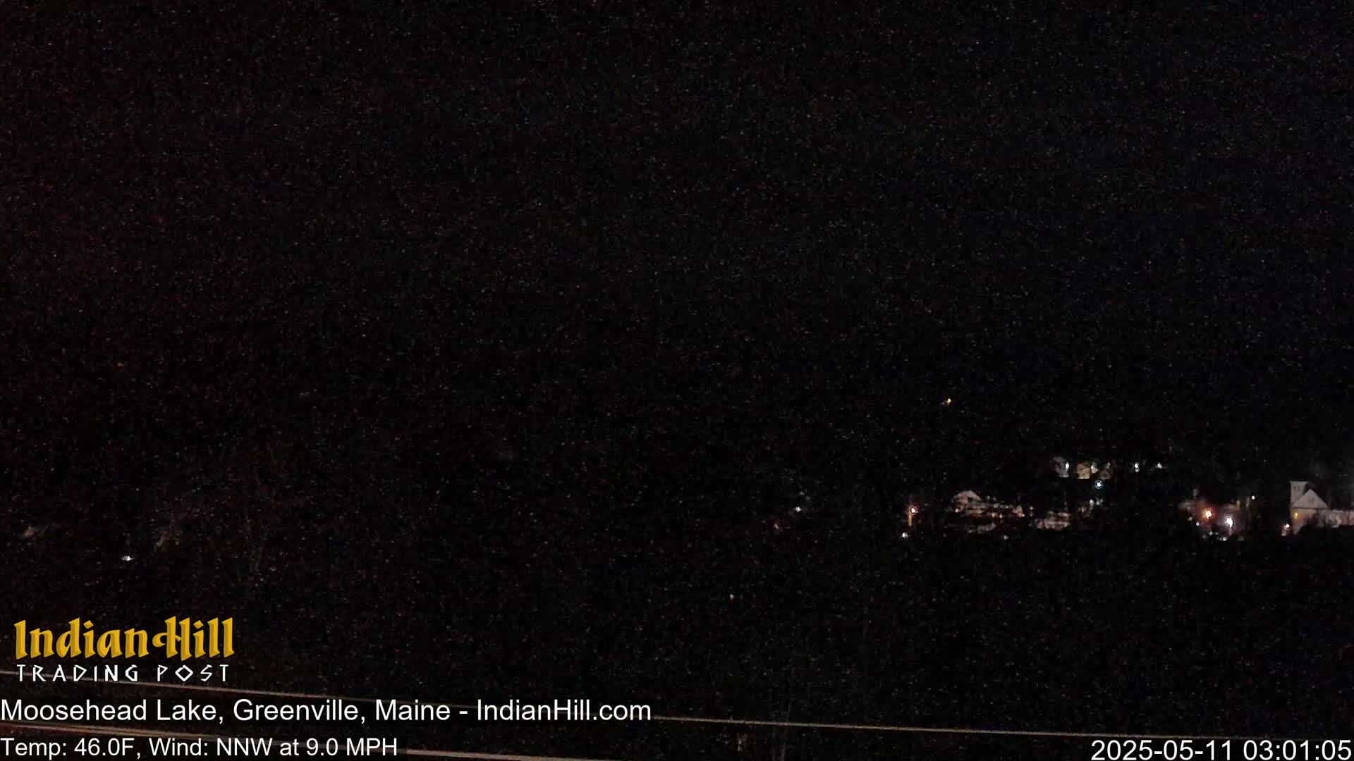 A nighttime long shot shows a dark landscape with a few distant lights under a clear, starry sky.