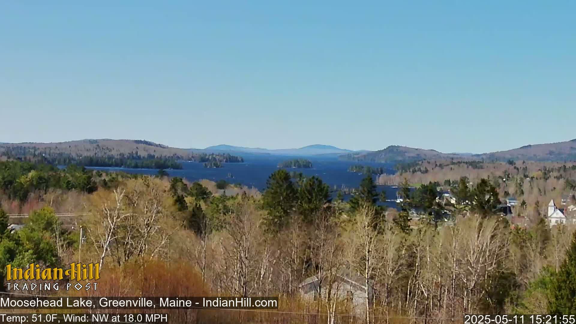 A panoramic view shows a large lake surrounded by forested hills and a small town under a clear blue sky with a northwest wind at 18 mph.