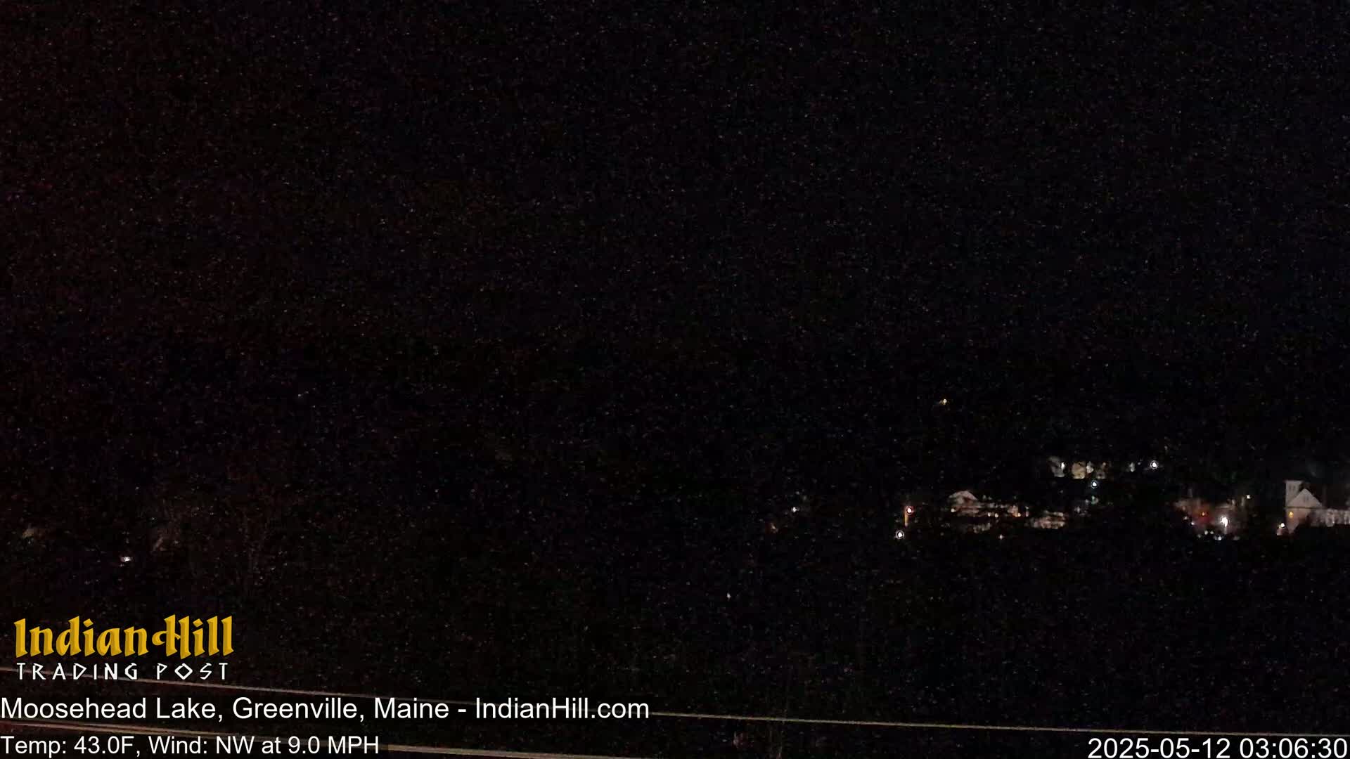 A nighttime view of dimly lit buildings under a dark, speckled sky with a northwest wind.