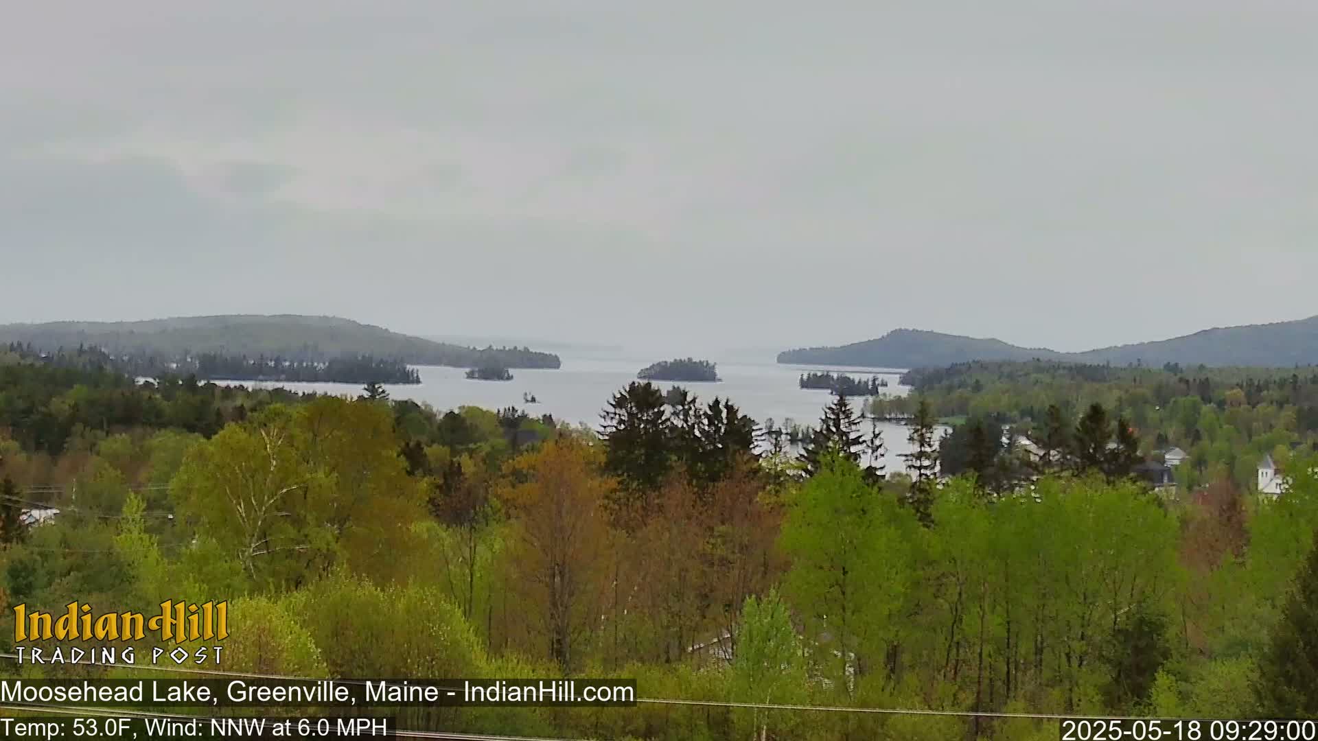 A view of a lake with several islands, surrounded by lush green trees under an overcast sky.
