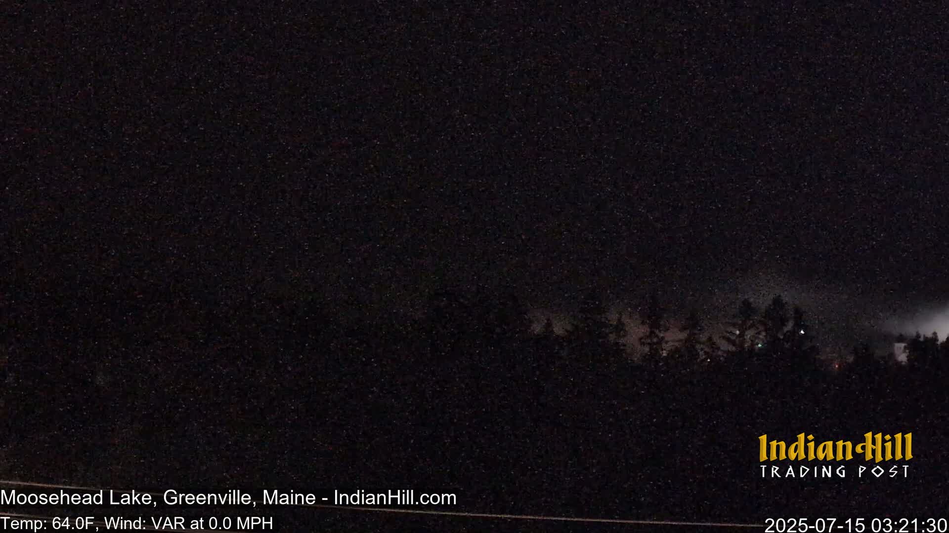 A nighttime view of a dark, tree line silhouetted against a slightly brighter, possibly cloudy sky.