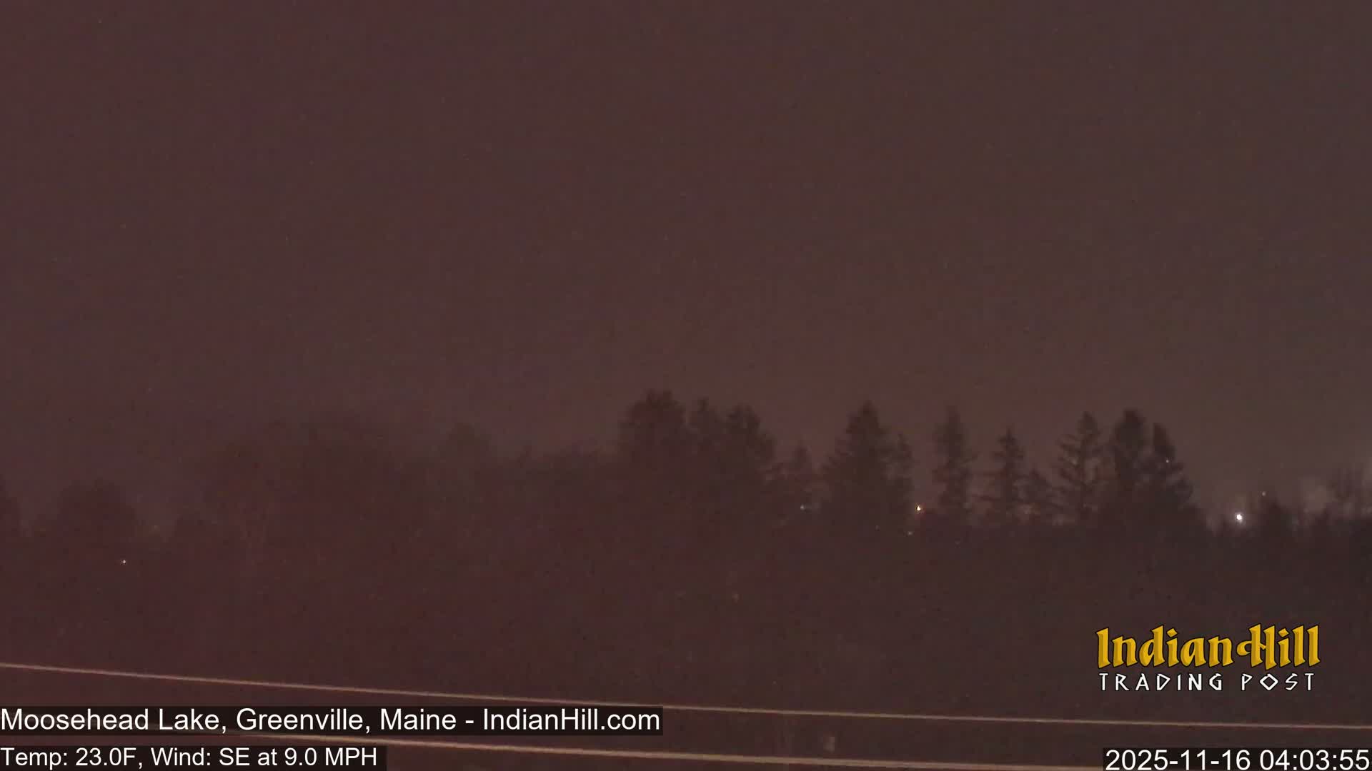 A dark and hazy outdoor scene at night reveals the silhouettes of a dense line of evergreen trees stretching across the midground under an overcast, reddish-brown sky, with a few faint lights barely visible in the distance.