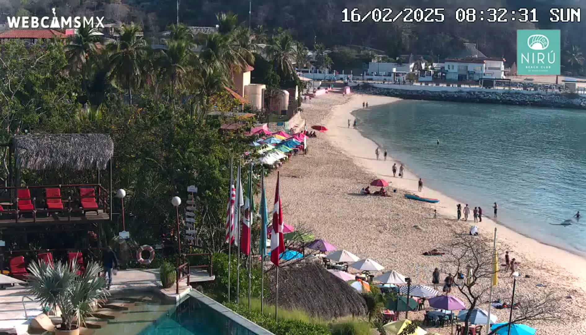 A sunny beach scene shows a sandy shore with colorful umbrellas and beachgoers, adjacent to a calm body of water and lush green vegetation, with a pool and building visible in the foreground.