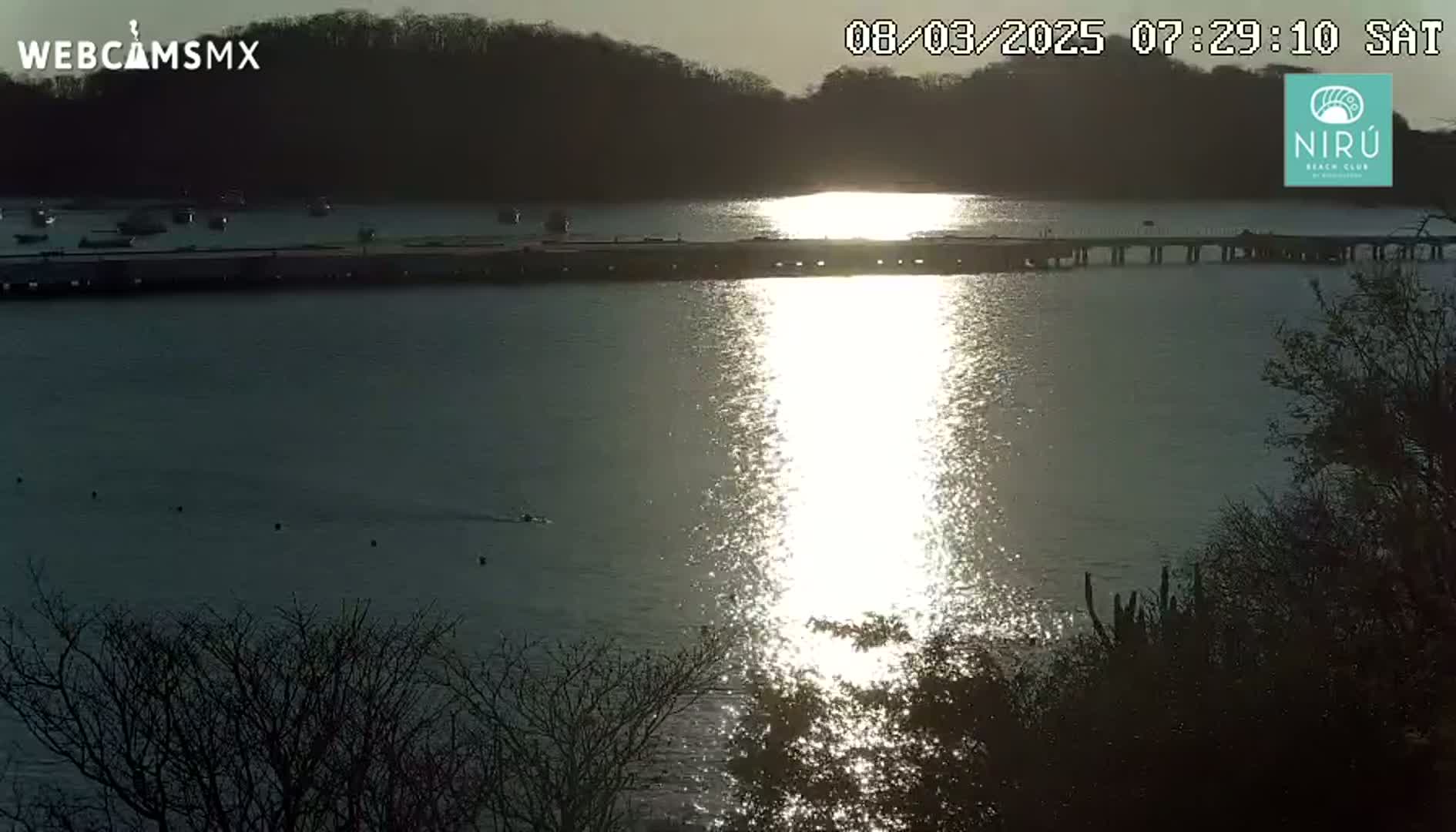 A bright, sunlit expanse of water reflects the sunrise, with a pier and shoreline visible in the distance.