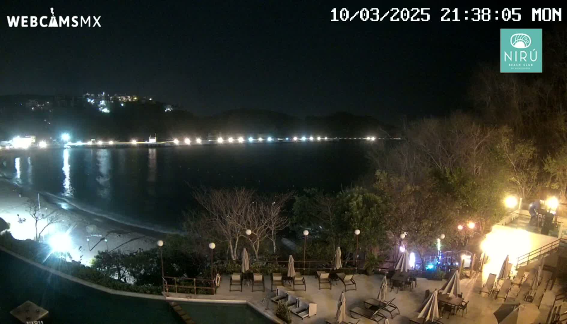 A nighttime view of a calm bay with lights lining a distant shore, seen from an elevated vantage point overlooking a resort area with outdoor seating and a pool.