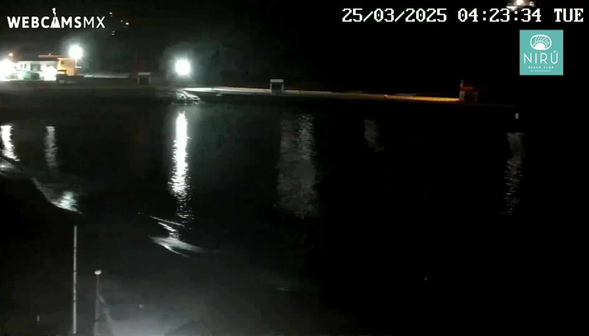 A nighttime view of a calm body of water reflecting lights from a nearby shore.