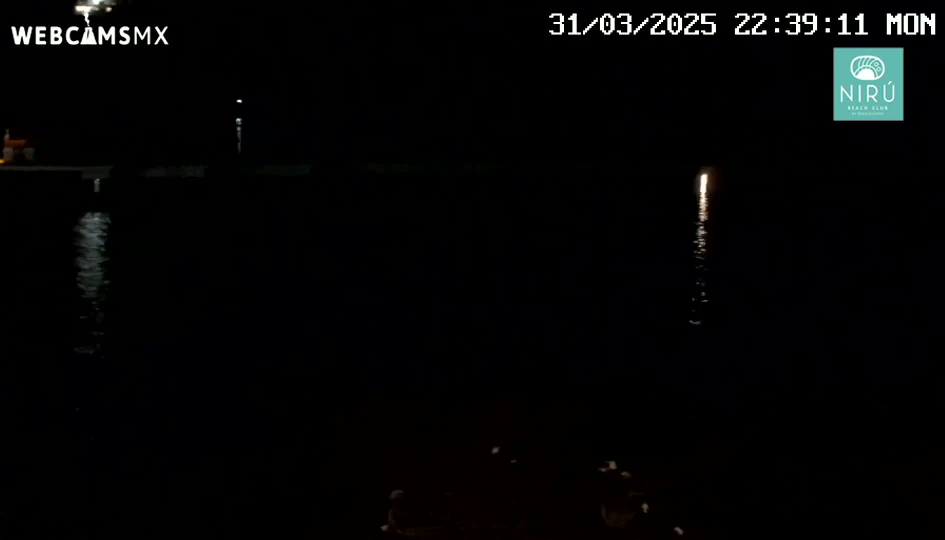 A nighttime view of a dark body of water reflecting a single, distant light source.