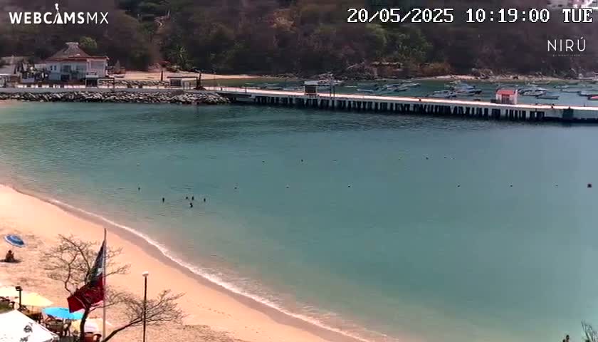 A sandy beach meets calm, teal water where several people swim near a long pier with boats moored alongside it, all under a sunny sky.