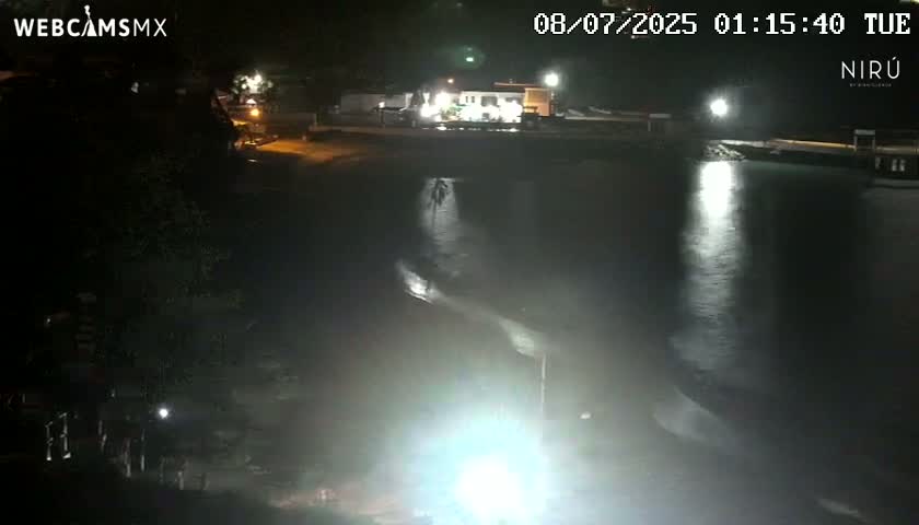 A nighttime view of a dark shoreline with calm water reflecting lights, and a few lights visible inland.
