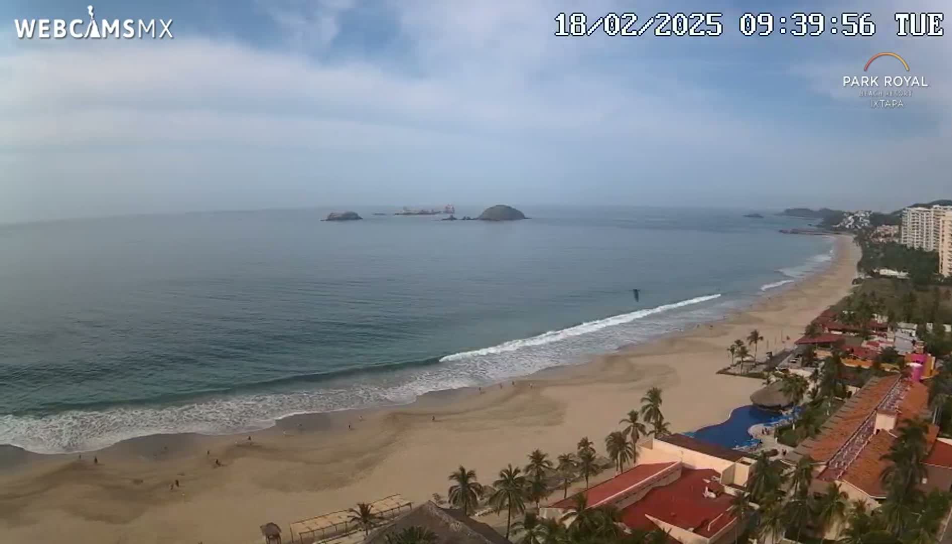 An ocean beach with moderate waves is seen from an elevated vantage point, showing a resort and palm trees in the foreground under a mostly cloudy sky.