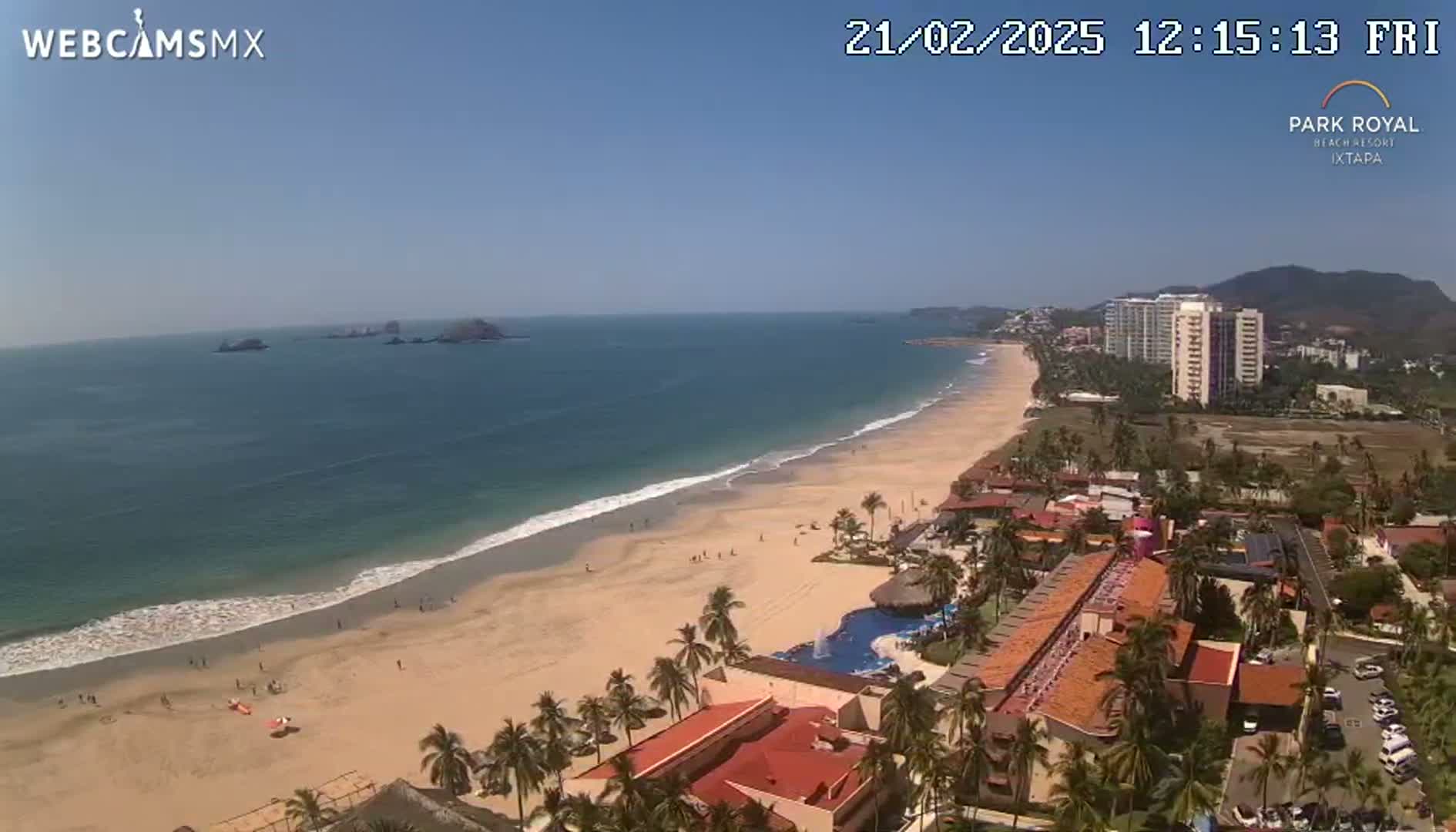 A long sandy beach with gentle waves, palm trees, and resort buildings stretches along a calm ocean under a clear blue sky.
