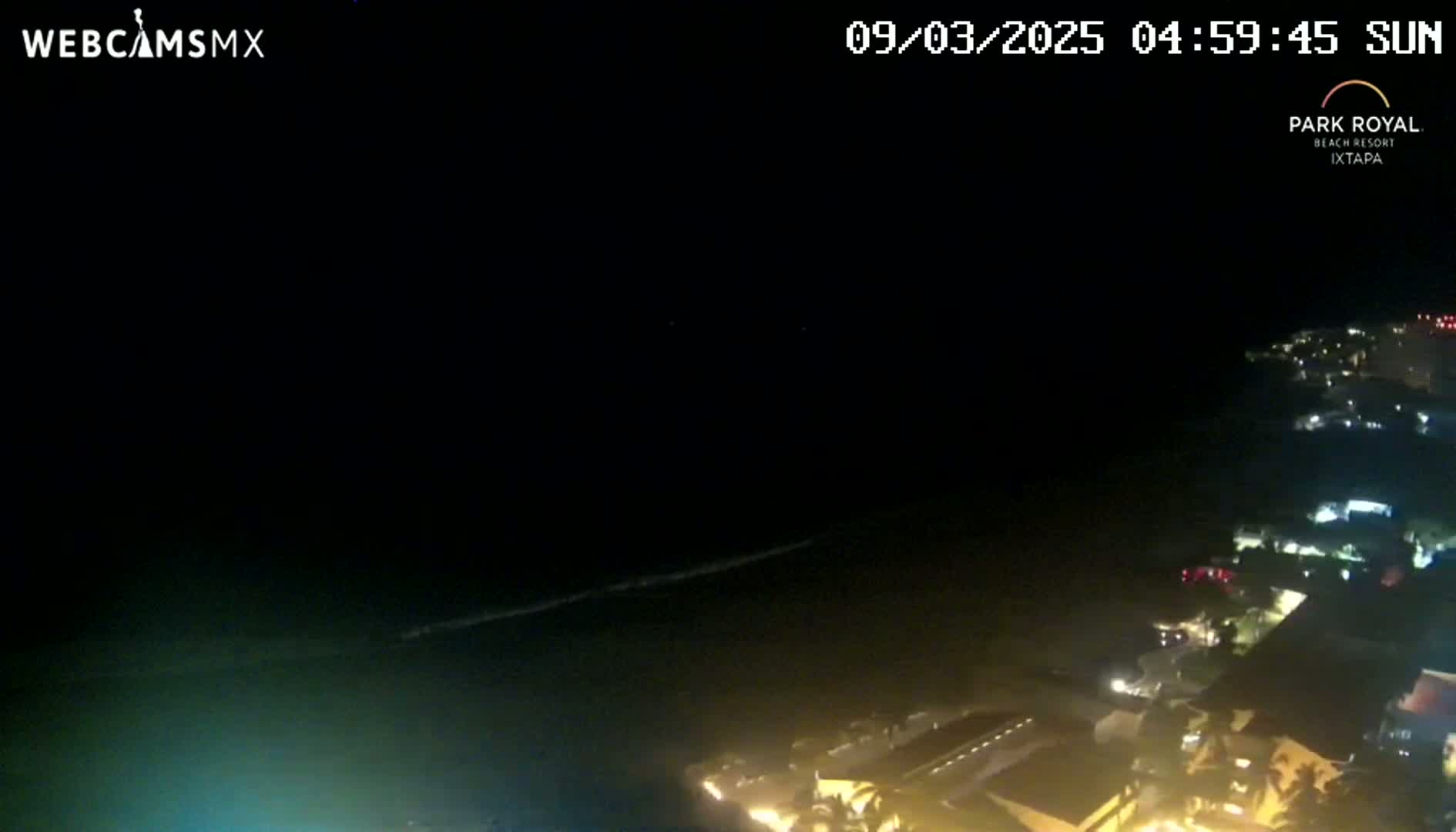 A nighttime coastal scene shows a dark ocean with faint waves and a shoreline illuminated by building lights under a clear, dark sky.