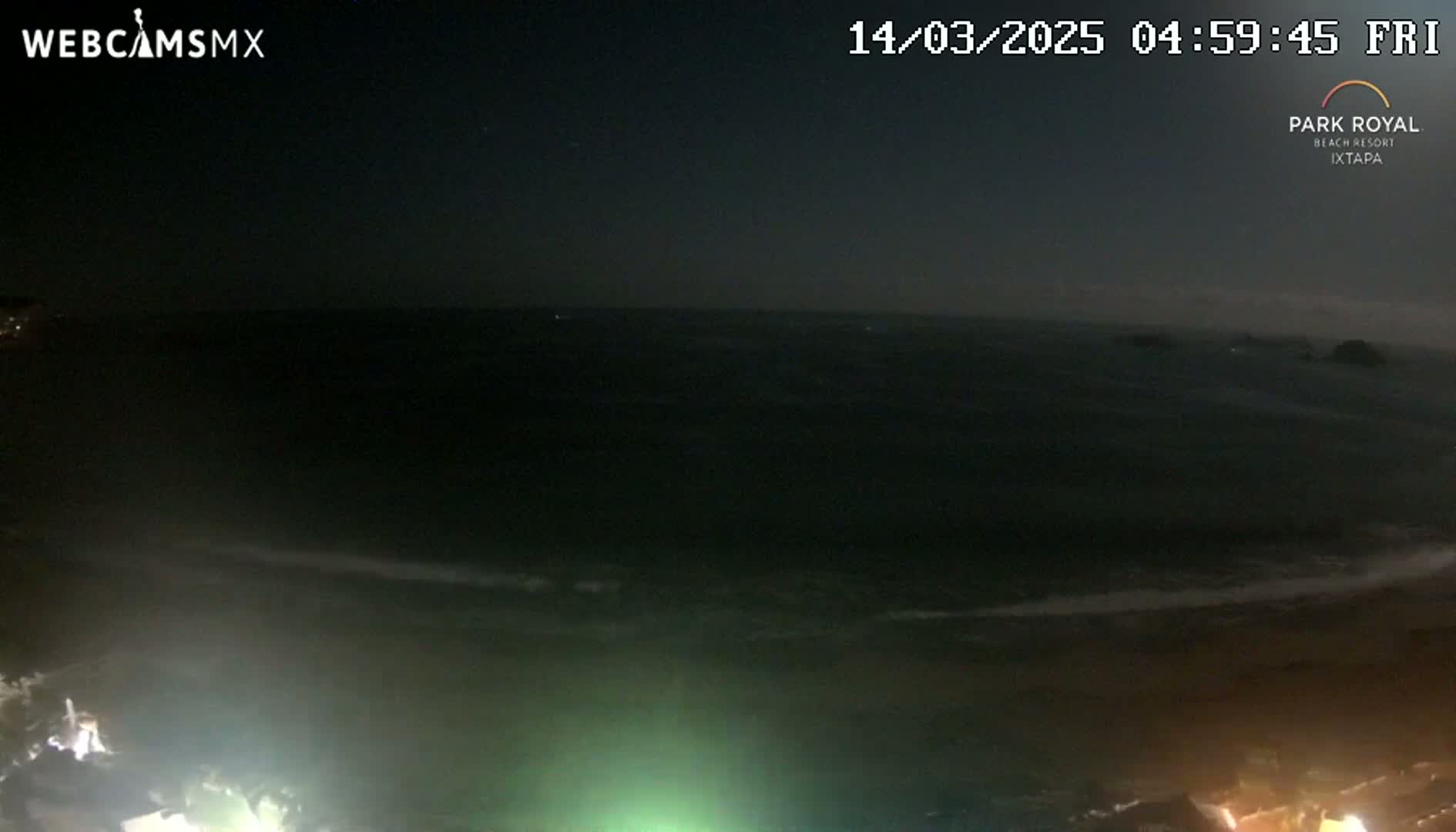 A dark, nighttime view of a mostly calm ocean with a slight wave action near the shore, under a clear sky.