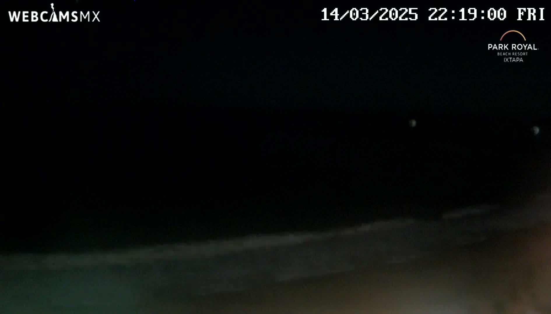 A dark nighttime beach scene shows a dimly lit ocean with small waves lapping onto the shore.