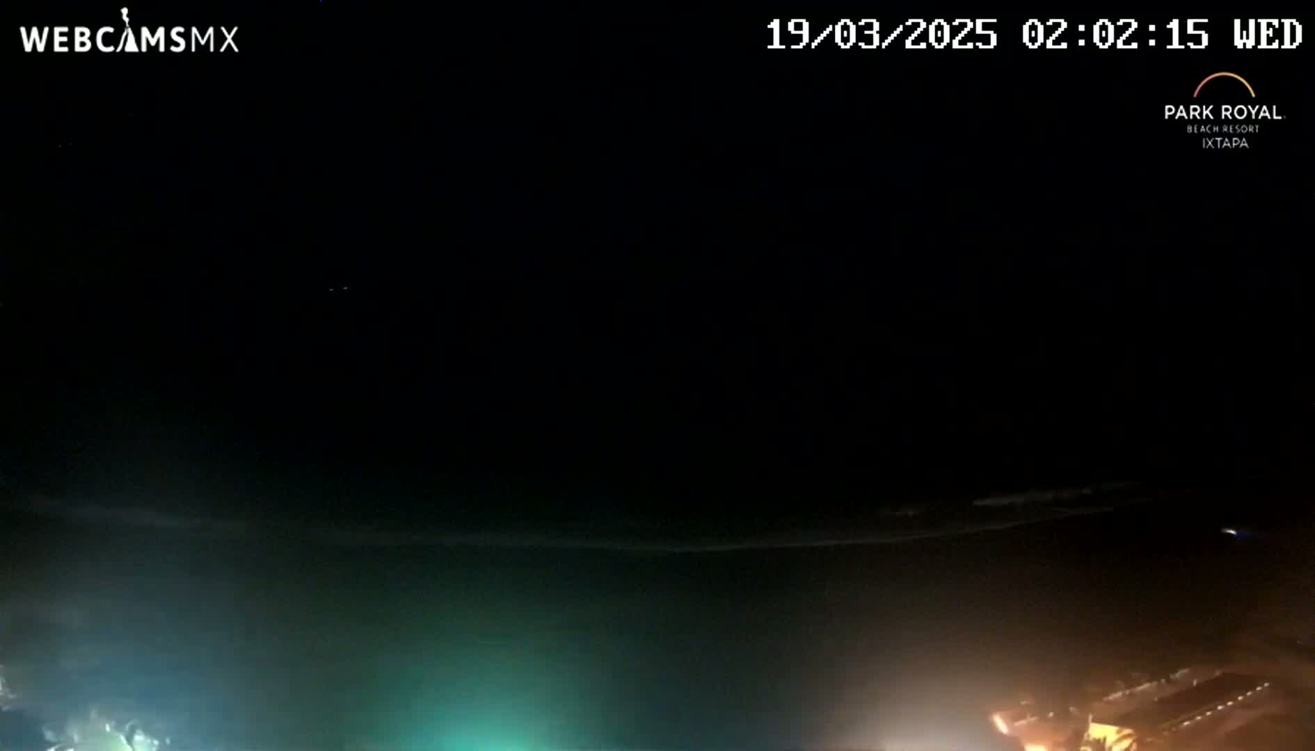 A nighttime view of a dark ocean shore with some lights visible on the land in the distance under a clear, dark sky.