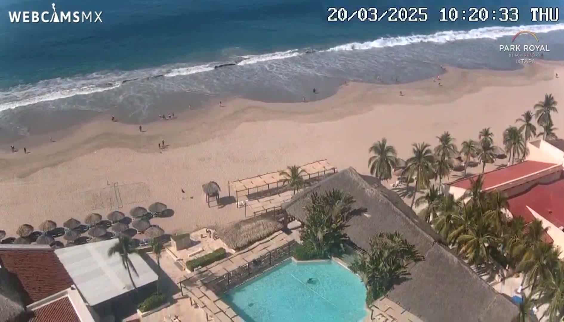 An aerial view shows a beach with gentle waves, palm trees, and a resort pool under sunny skies.