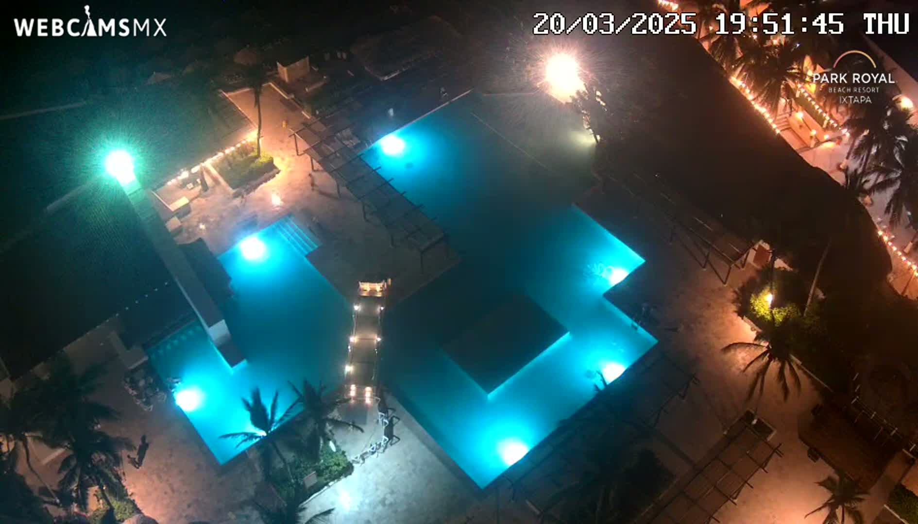 An illuminated, L-shaped swimming pool at night is surrounded by palm trees and building structures.