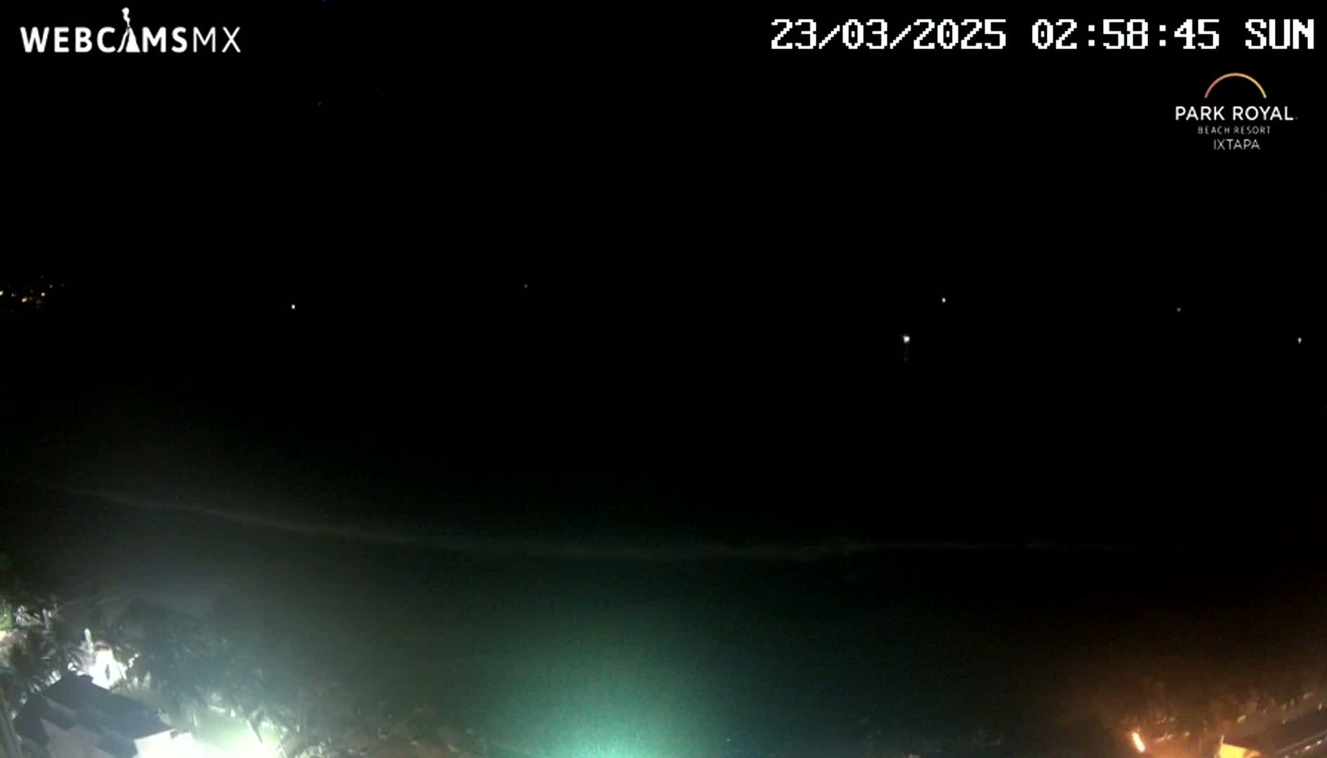 A nighttime, coastal scene shows a dark ocean with faint waves under a clear, starless sky, illuminated by scattered lights on land.