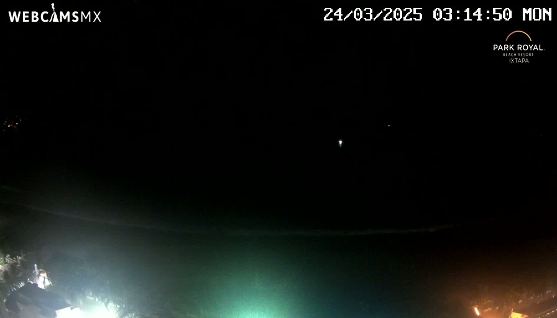 A nighttime coastal scene shows a dark ocean, a faint shoreline, and distant lights under a clear, dark sky.