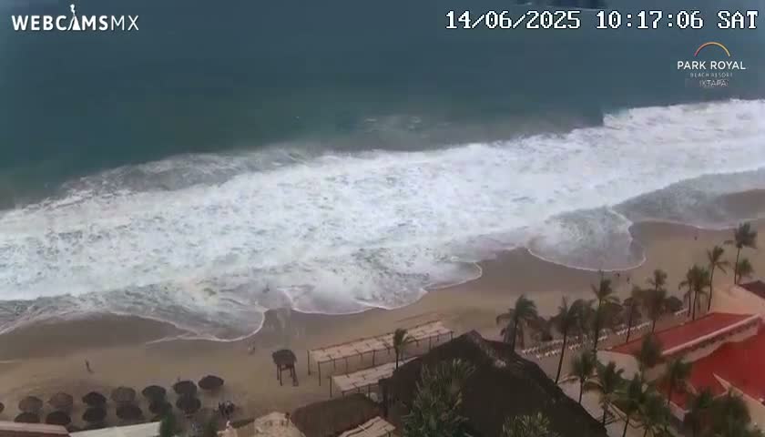 Large waves crash on a sandy beach near a resort with palm trees under stormy conditions.