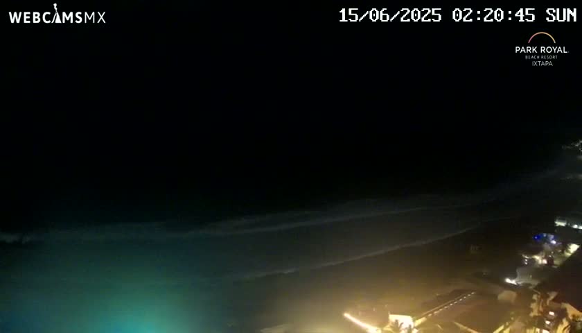 A nighttime, high-angle view shows dark ocean waves lapping a shoreline with illuminated buildings and roads.