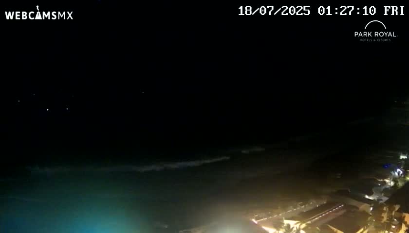 A nighttime, seaside view shows dark water with small waves under a clear, dark sky.