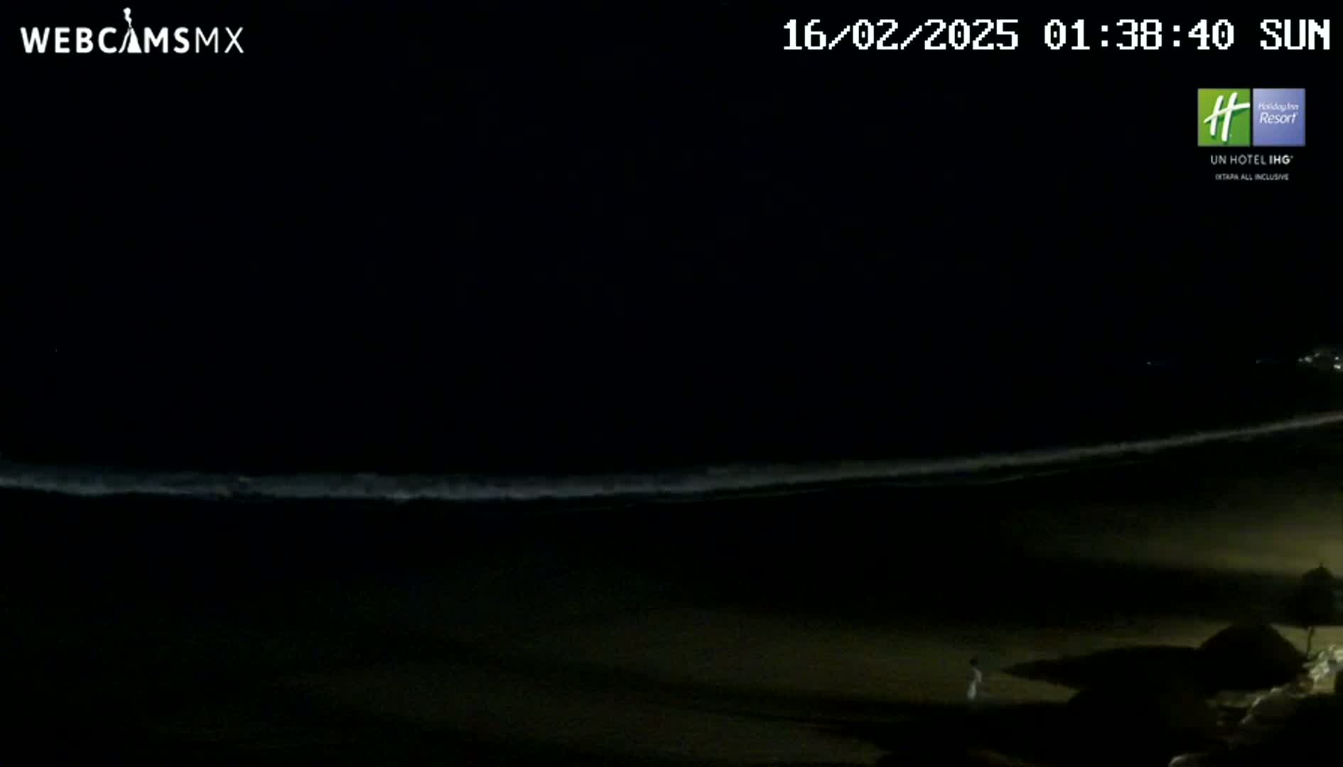 A dark beach at night with a line of gently breaking waves is visible under a clear sky.