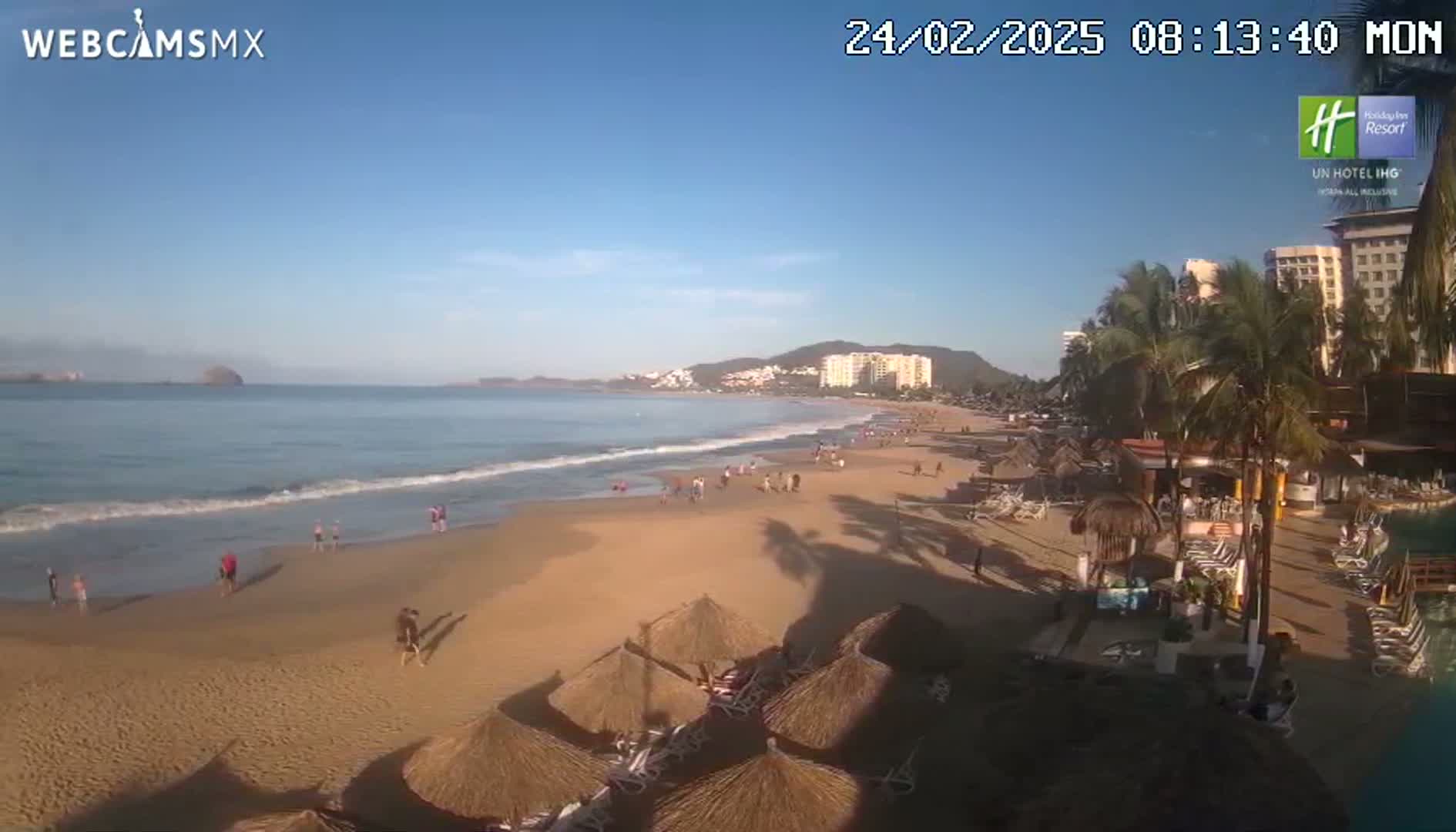 A sandy beach with scattered people, palm trees, and beach umbrellas is visible, with a calm ocean and distant hotels under a clear blue sky.