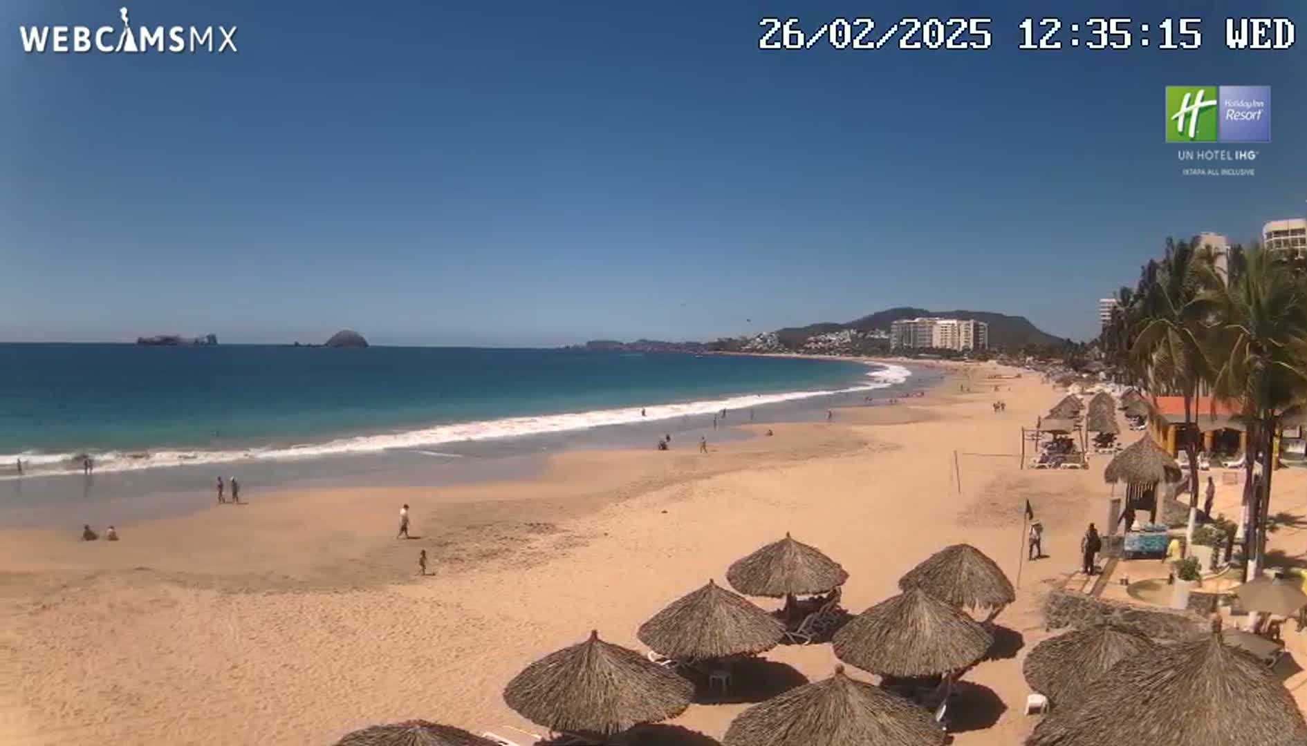 A sandy beach with calm ocean waves stretches along a coastline under a clear blue sky, dotted with palm trees, thatched umbrellas, and a few people.