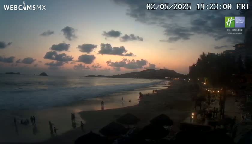A beach scene at sunset shows a dark ocean with small waves, a sandy shore with a few people, and silhouetted buildings and vegetation along the coastline under a partly cloudy sky.