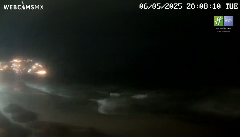 At night, under dark conditions, small waves crash on a shore near a distant line of lights.