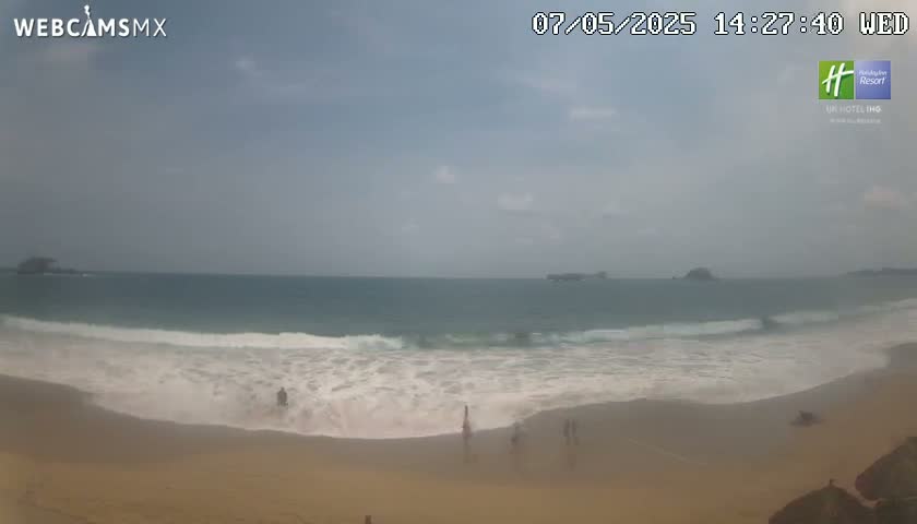 A mostly cloudy day shows a sandy beach with a few people, gentle waves rolling onto the shore, and small islands visible in the distance.