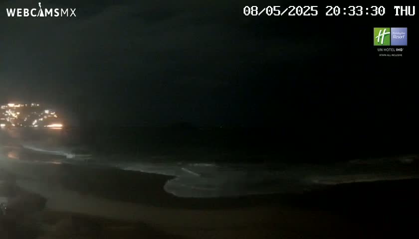 A nighttime view of a dark ocean with small waves lapping a beach, and city lights visible in the distance.