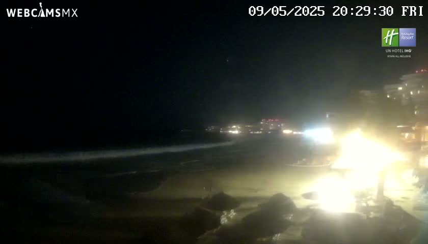 A nighttime beach scene shows gently lapping waves, a dark ocean, and illuminated buildings in the distance.