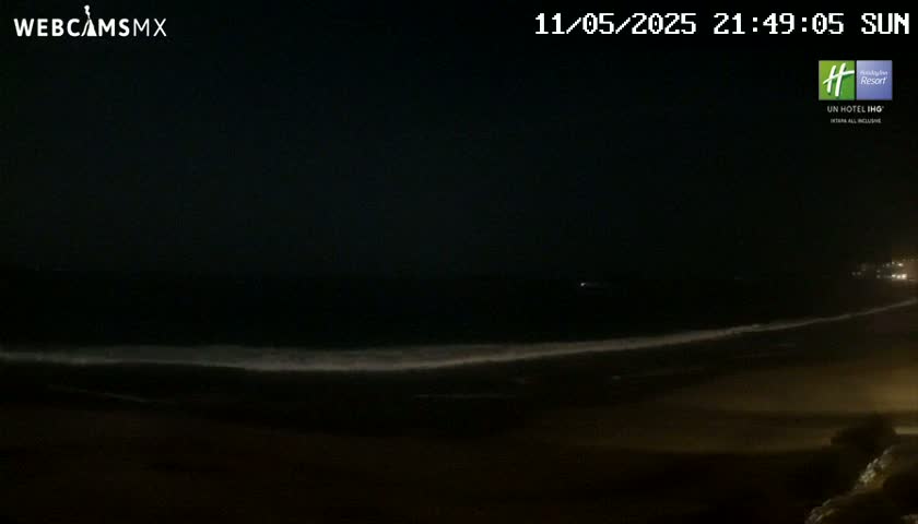 A dark, nighttime beach scene shows gently lapping waves under a clear, starless sky.