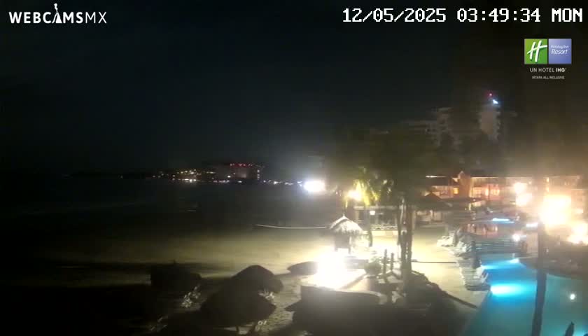 A nighttime view of a beach resort with palm trees, a lit pool, and a dark ocean under a clear sky.