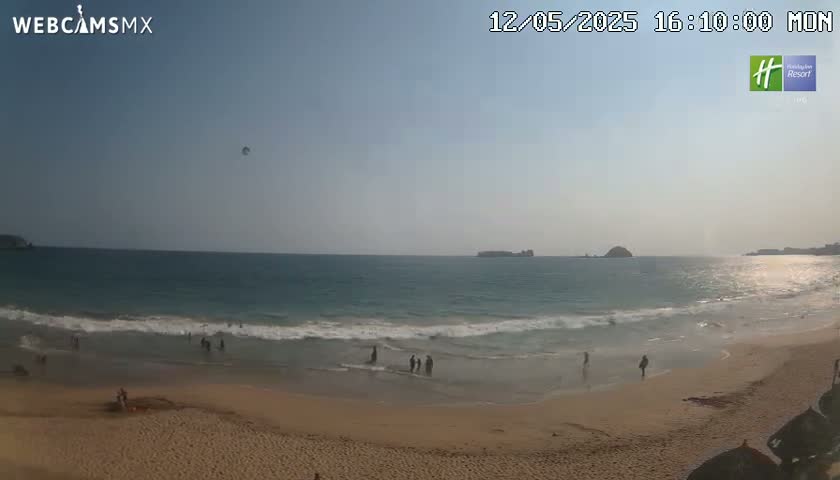 A sandy beach with a few people on it slopes gently down to a calm ocean with small waves under a clear, sunny sky.