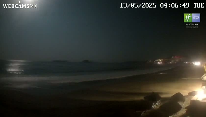 A moonlit night scene shows a dark beach and ocean with lights visible in the distance.