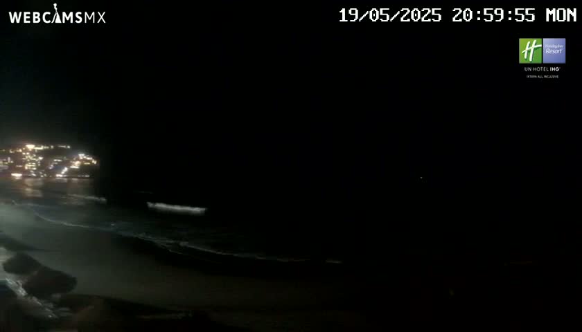 A nighttime coastal scene shows dark water with small waves lapping a shore, and city lights are visible in the distance.
