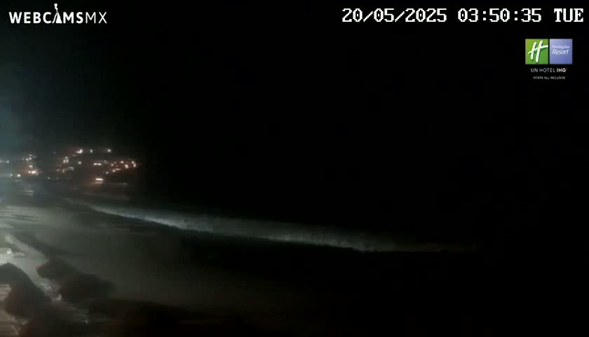A dark night scene shows a beach with small waves lapping the shore, and a distant line of lights indicating a town or buildings in the background.
