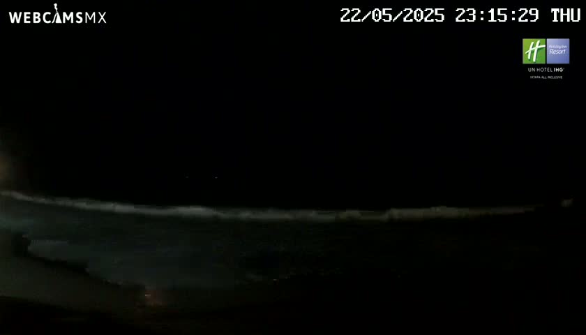 A dark nighttime scene shows ocean waves gently breaking on a shore under a clear, starless sky.